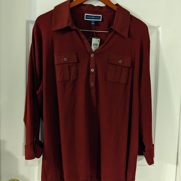 NWT Karen Scott Plus Size V-Neck Woven Top, Merlot, 2X - Picture 2 of 10